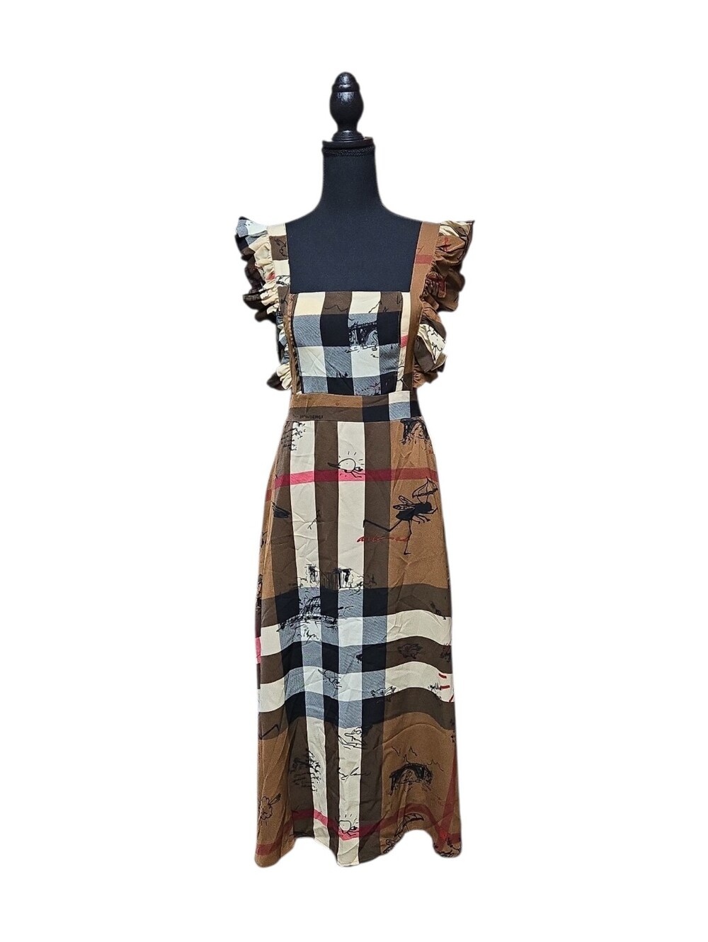 Sleeveless Plaid Ruffle Maxi Dress in Brown